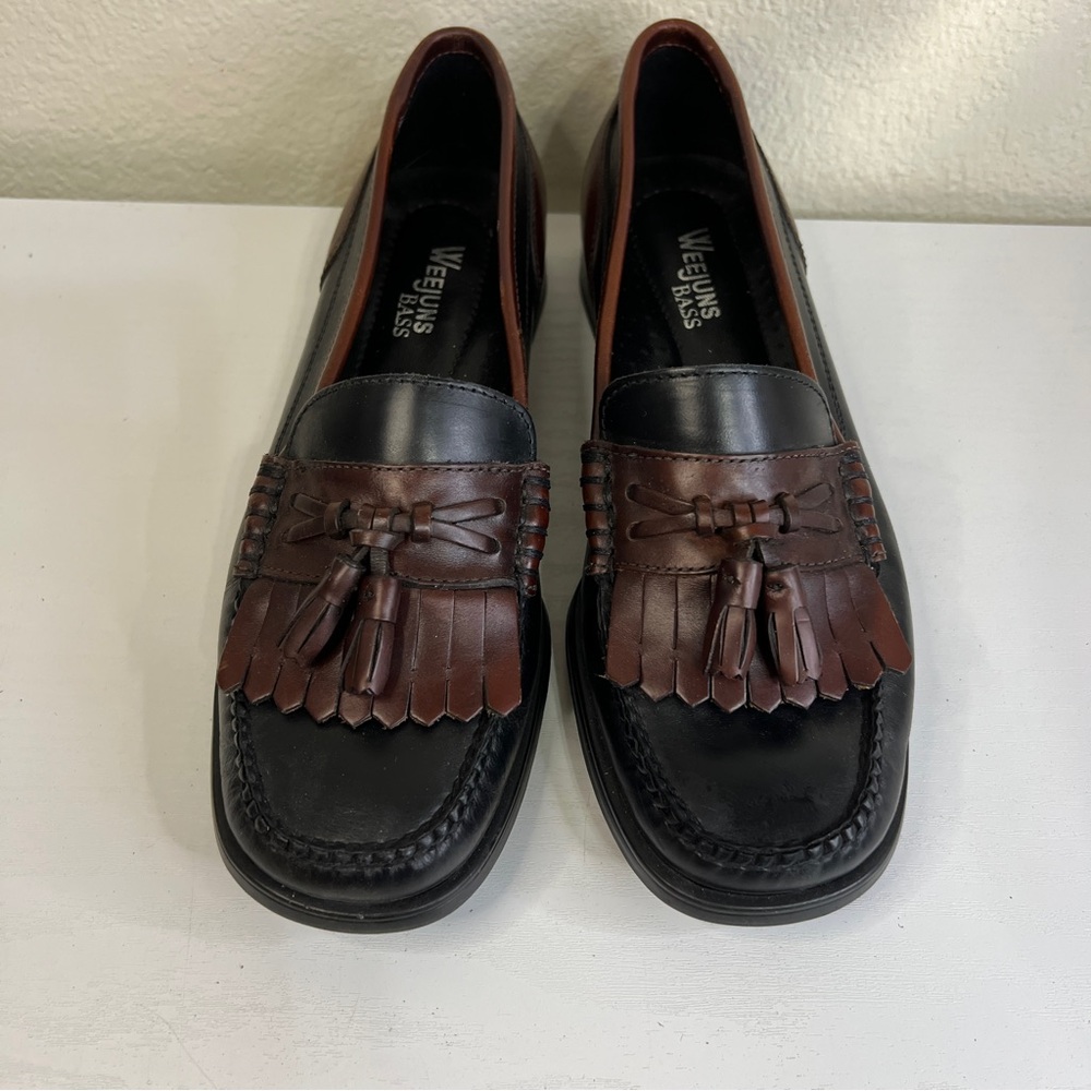 Bass Weejuns Setta Loafers Shoes Womens Size 7 Black Brown Tassel Leather Kiltie